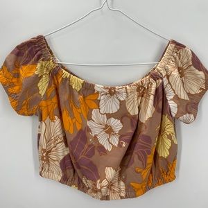 WILFRED ARITZIA floral crop tee peasant brown orange stretch off shoulder size S